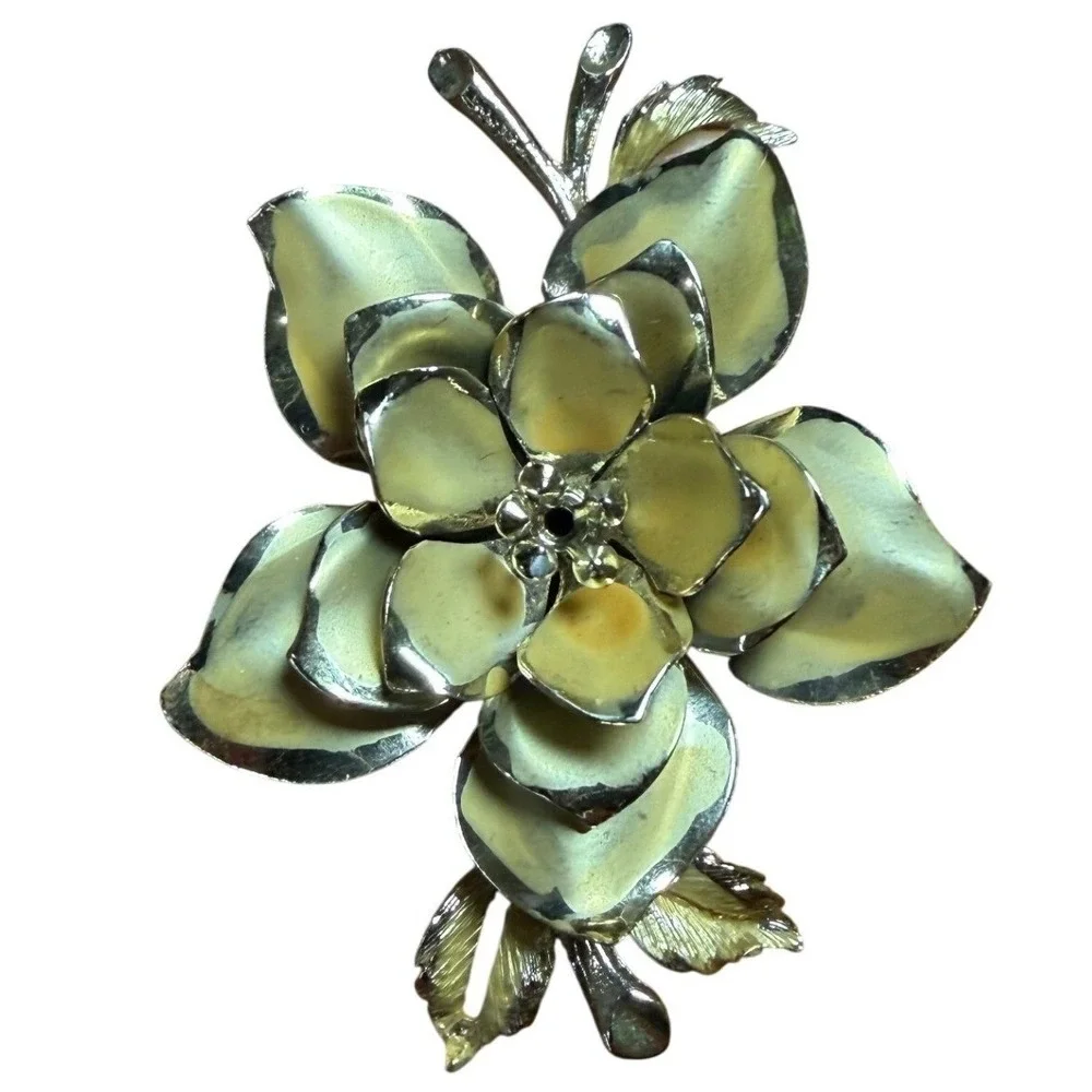 Vintage Coro Yellow Enamel Flower Brooch Gold Tone Layered Petal Floral Pin